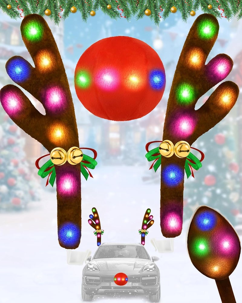Dergo Christmas Reindeer Antlers Car Decoration Kit, LED Lights Nose Vehicle with Jingle Bells Rudolph, Auto Holiday Accessories for SUV Van Truck Decor Multicolor - Image 1
